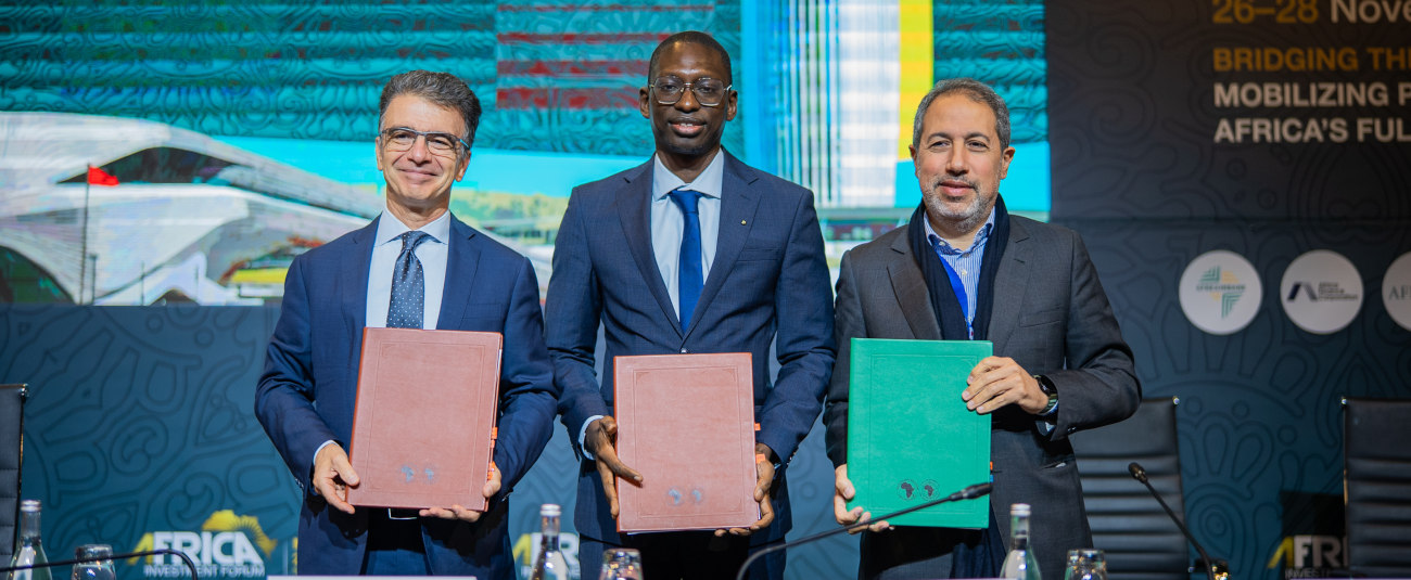 AfDB Director Ousmane Fall flanked by CDP Director of International Development Cooperation Paulo Lombardo (left) and deputy CEO of CDG Invest Ali Lamrini at the Africa Investment Forum Market Days 2025.