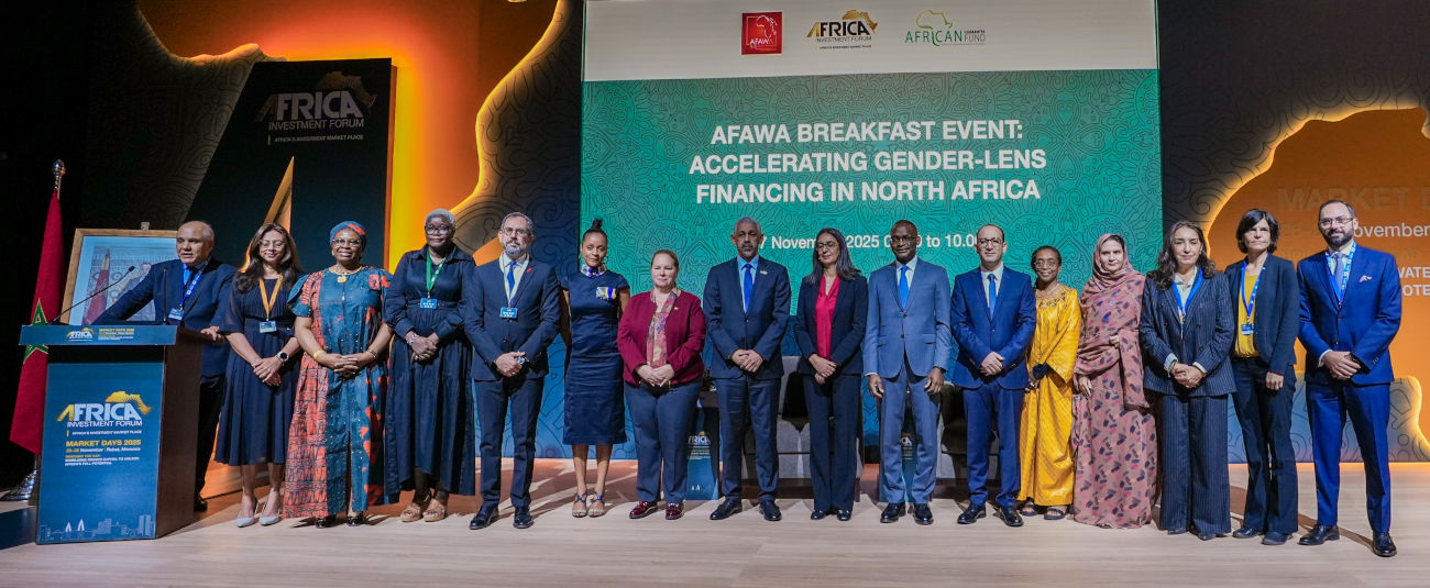 AfDB President Sidi Ould Tah (center left),  Morocco minster of finance and economy Nadia Fettah (center right) and participants at an AFAWA  breakfast event on accelerating gender lens financing, in Rabat.